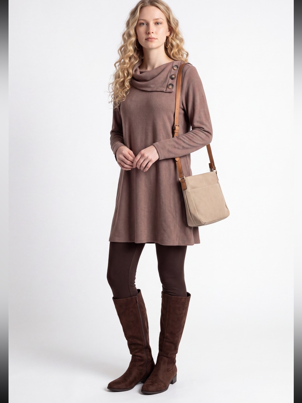 AGB Taupe Long-Sleeve Cowl-Neck Tunic  Dress